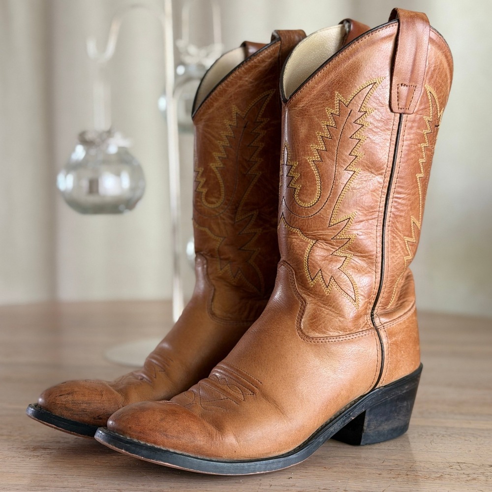 Old West Tan Brown Leather Boots Women 6.5 Western Cowboy Cowgirl Rodeo CCY1129G
